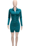Green Sexy Solid Hollowed Out Patchwork Buckle Fold Turndown Collar One Step Skirt Dresses