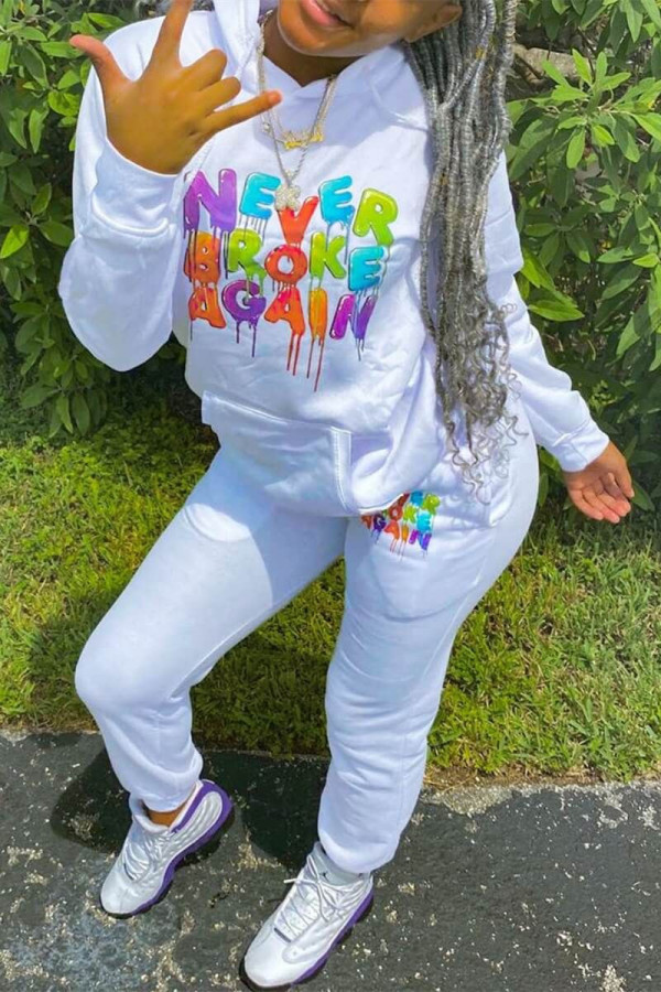 White Fashion Casual Letter Print Basic Hooded Collar Long Sleeve Two Pieces