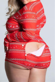 Red Fashion Casual Print Patchwork V Neck Long Sleeve Skinny Romper