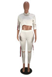 White Fashion Casual Patchwork Ripped Hooded Collar Three Quarter Two Pieces