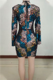 Green Fashion Sexy Adult Patchwork Print Patchwork V Neck Long Sleeve Knee Length Wrapped Skirt Dresses