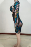 Blue Fashion Sexy Adult Patchwork Print Patchwork V Neck Long Sleeve Knee Length Wrapped Skirt Dresses