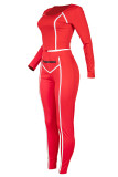 Red Casual Solid Patchwork Zipper U Neck Long Sleeve Two Pieces