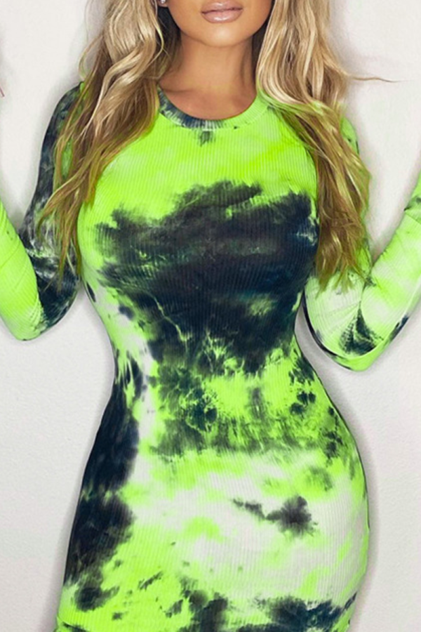 Green Yellow Sexy Print Patchwork O Neck Pencil Skirt Dresses