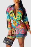 Yellow Casual Print Patchwork Buckle Turndown Collar Tops(Without Belt)