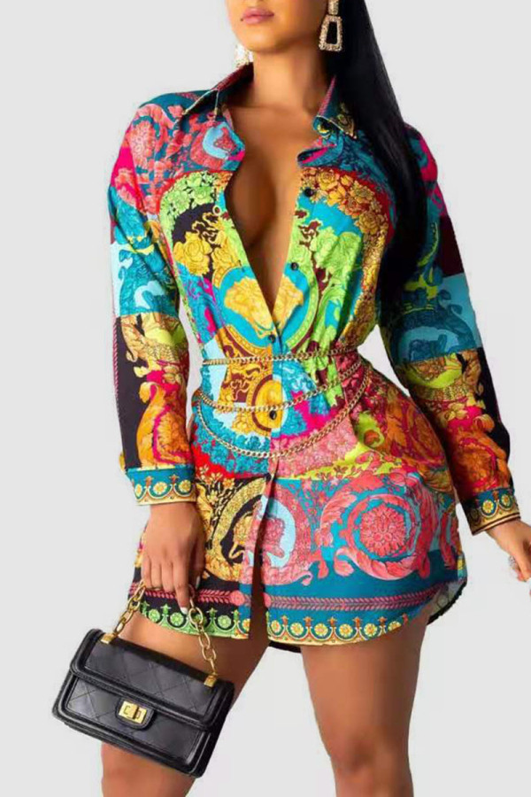 Pink Casual Print Patchwork Buckle Turndown Collar Tops(Without Belt)