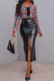Red Casual Plaid Print Patchwork Buckle Turn-back Collar Outerwear