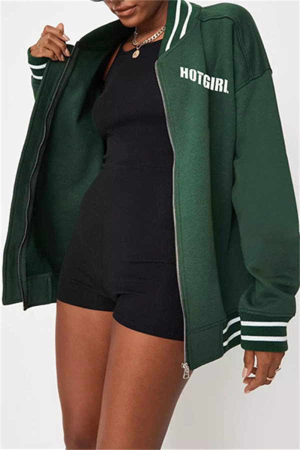 Green Fashion Casual Letter Print Cardigan Outerwear