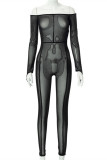 Black Fashion Sexy Solid See-through Backless Off the Shoulder Skinny Jumpsuits