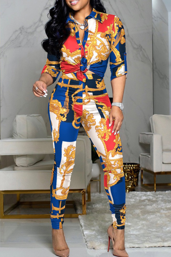 Blue Casual Print Patchwork Turndown Collar Long Sleeve Two Pieces