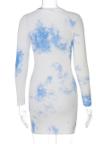 Blue Sexy Print Patchwork O Neck Pencil Skirt Dresses