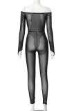 Black Fashion Sexy Solid See-through Backless Off the Shoulder Skinny Jumpsuits