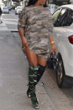 Pink Fashion Casual Camouflage Print Basic O Neck Long Sleeve Dresses