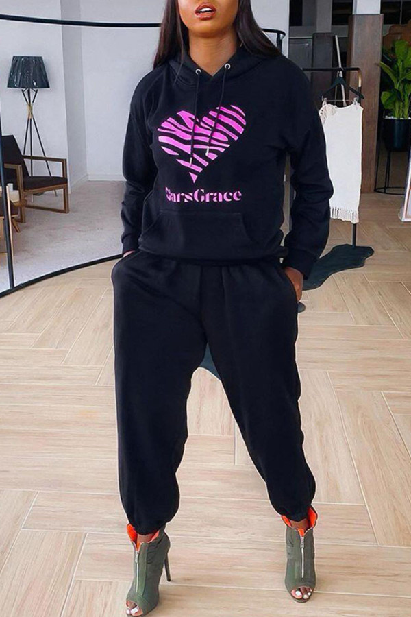Black Casual Print Patchwork Hooded Collar Long Sleeve Two Pieces