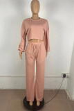 Deep Pink Fashion Casual Solid Basic O Neck Long Sleeve Two Pieces