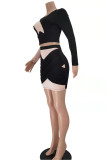 Black Fashion Sexy Patchwork Basic O Neck Long Sleeve Two Pieces