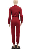 Burgundy Casual Solid Patchwork Zipper Collar Long Sleeve Two Pieces