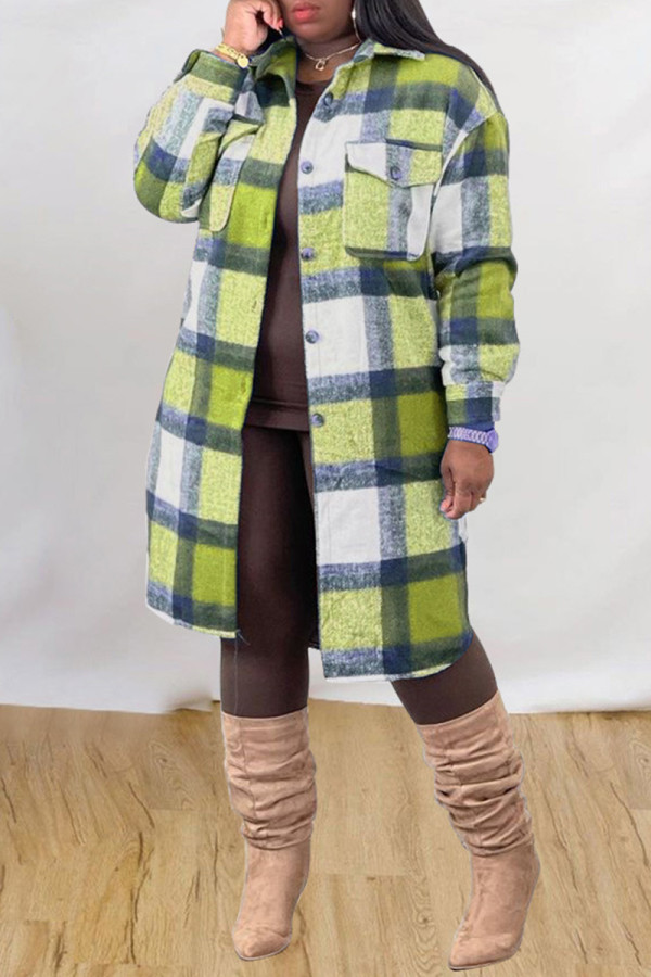 Green Fashion Casual Plaid Print Cardigan Turndown Collar Outerwear