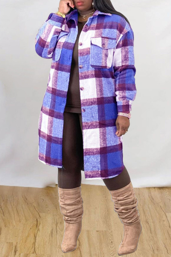 Blue Purple Fashion Casual Plaid Print Cardigan Turndown Collar Outerwear