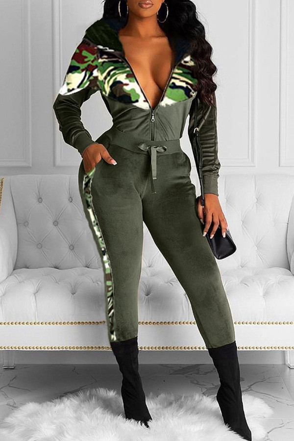 Army Green Fashion Casual Camouflage Print Patchwork Hooded Collar Long Sleeve Two Pieces