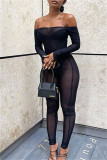 Black Fashion Sexy Solid See-through Backless Off the Shoulder Skinny Jumpsuits