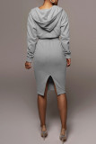 Coffee Casual Solid Patchwork Pocket Hooded Collar Long Sleeve Two Pieces