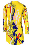 Yellow Casual Print Patchwork Buckle Turndown Collar Tops(Without Belt)