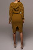 Coffee Casual Solid Patchwork Pocket Hooded Collar Long Sleeve Two Pieces