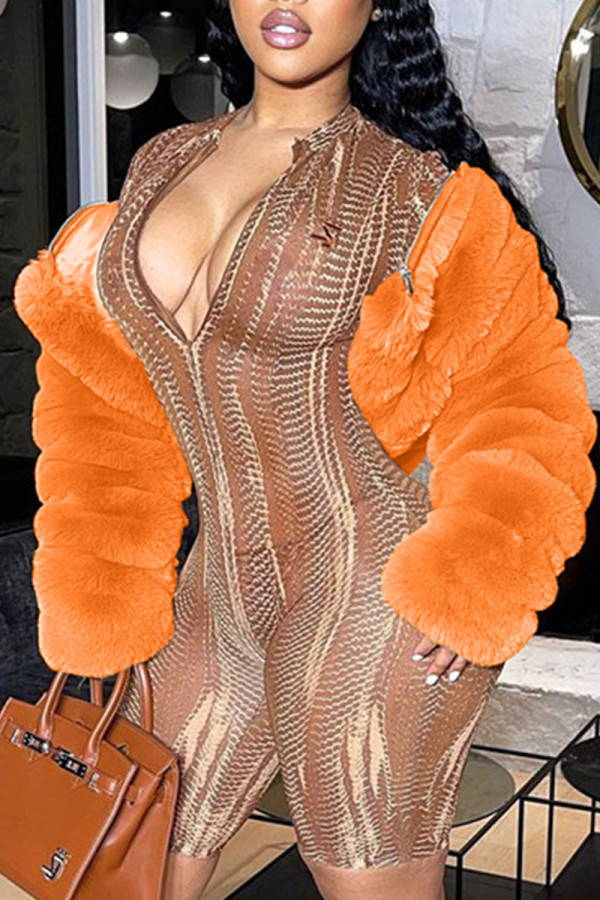 Tangerine Red Sexy Solid Patchwork Outerwear