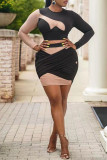 Black Fashion Sexy Patchwork Basic O Neck Long Sleeve Two Pieces
