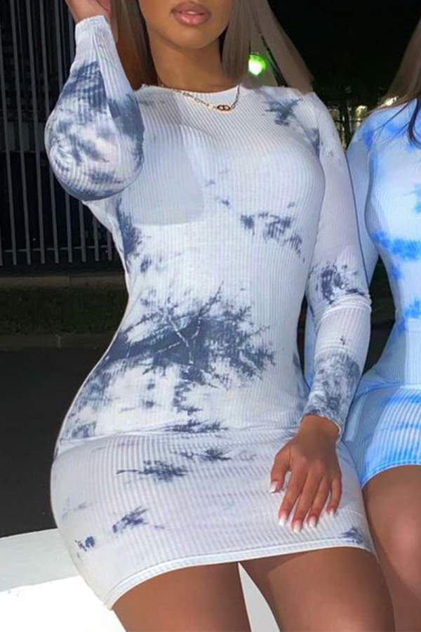 Blue Sexy Print Patchwork O Neck Pencil Skirt Dresses