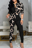 Pink Casual Print Split Joint Turndown Collar Long Sleeve Two Pieces