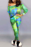 Green Fashion Casual Print Tie-dye Oblique Collar Long Sleeve Two Pieces
