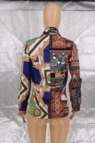 Multicolor Casual Print Patchwork Buckle Turndown Collar Tops