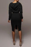 Coffee Casual Solid Patchwork Pocket Hooded Collar Long Sleeve Two Pieces