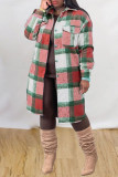 Red Green Fashion Casual Plaid Print Cardigan Turndown Collar Outerwear