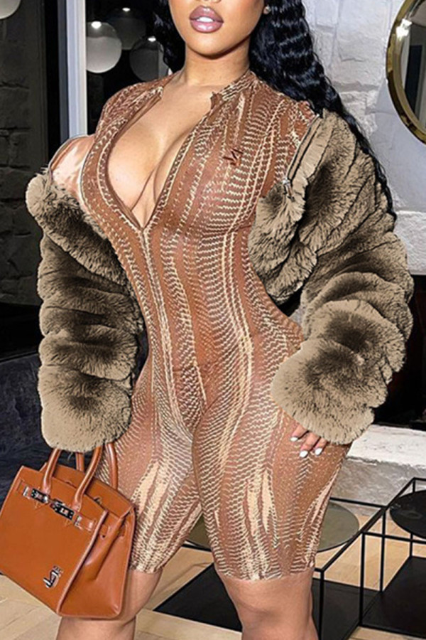 Khaki Sexy Solid Patchwork Outerwear