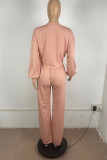 Deep Pink Fashion Casual Solid Basic O Neck Long Sleeve Two Pieces