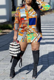 Multicolor Casual Print Patchwork Buckle Turndown Collar Tops