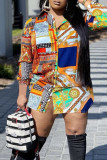 Multicolor Casual Print Patchwork Buckle Turndown Collar Tops