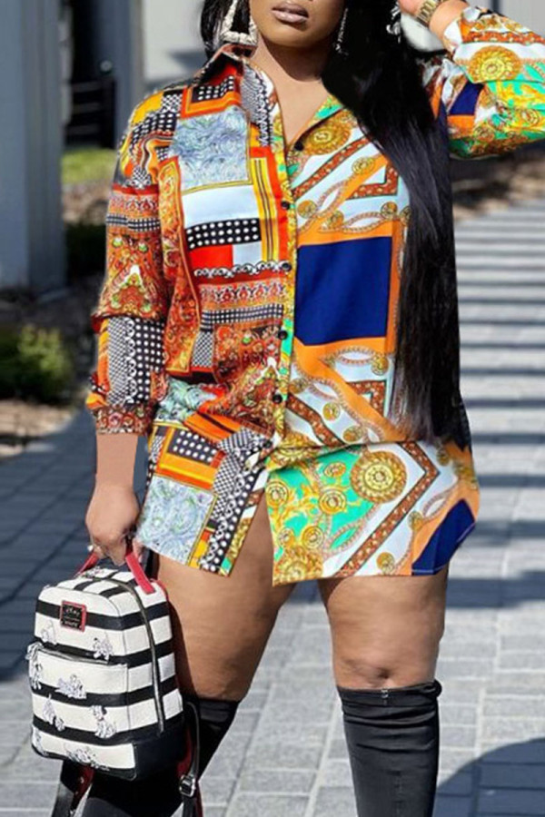 Multicolor Casual Print Patchwork Buckle Turndown Collar Tops
