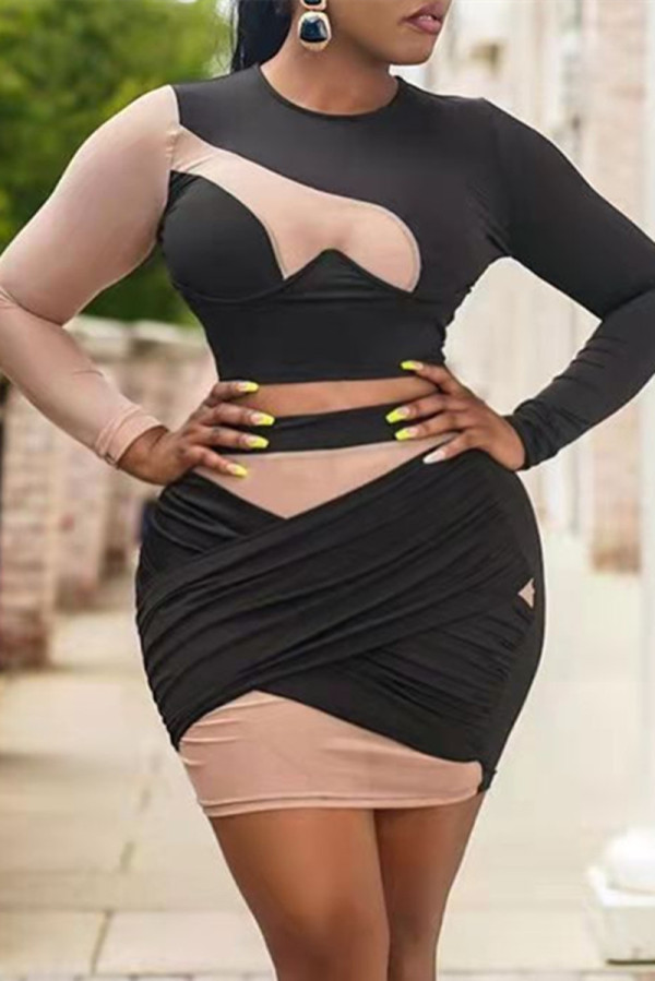 Black Fashion Sexy Patchwork Basic O Neck Long Sleeve Two Pieces
