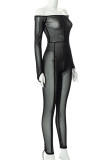 Black Fashion Sexy Solid See-through Backless Off the Shoulder Skinny Jumpsuits