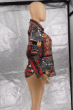 Multicolor Casual Print Patchwork Buckle Turndown Collar Tops