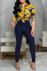 Dark Blue Casual Print Patchwork Turndown Collar Long Sleeve Two Pieces