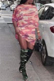 Pink Fashion Casual Camouflage Print Basic O Neck Long Sleeve Dresses