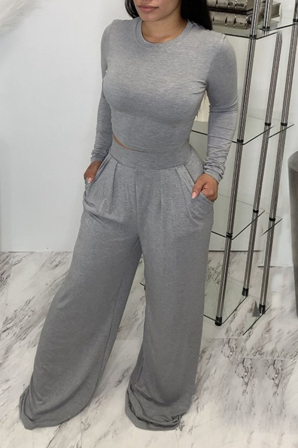 Grey Casual Solid Patchwork O Neck Long Sleeve Two Pieces