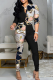 Black And White Casual Print Patchwork Turndown Collar Long Sleeve Two Pieces