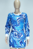 Blue Casual Print Split Joint O Neck One Step Skirt Dresses