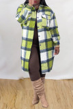 Red Green Fashion Casual Plaid Print Cardigan Turndown Collar Outerwear